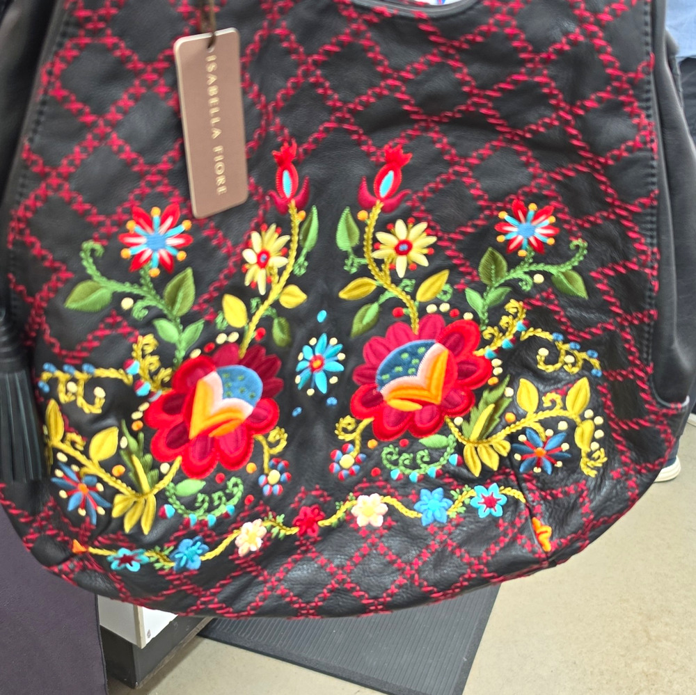 NWT Vtg Isabella Fiore Penelope Tote Black Leather Embroidered Floral Hobo Y2K